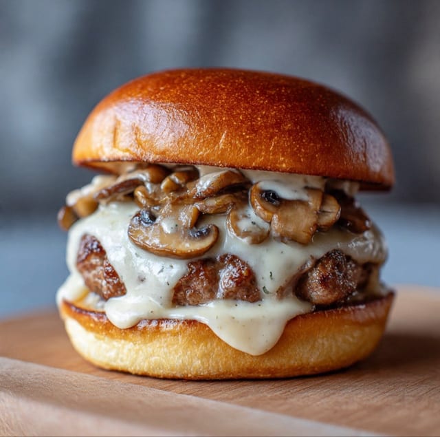 Mushroom Swiss Burger with Sides.